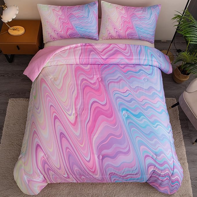 Bodhi Pink Comforter Set, Girls Bed in A Bag, Tie Dye Kids Bedding Set, 5 PCS (1 Comforter, 1 Flat Sheet, 1 Fitted Sheet, 2 Pillowcases)