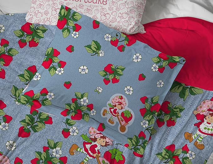 Jay Franco Kids Comforter Set Includes Sheets and Pillow Covers - Soft and Cozy Bed Set for Stylish Room Decor, Blue - Strawberry Shortcake, 7 Piece Full Size Bedding