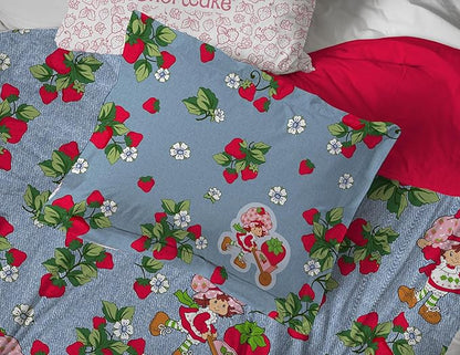 Jay Franco Kids Comforter Set Includes Sheets and Pillow Covers - Soft and Cozy Bed Set for Stylish Room Decor, Blue - Strawberry Shortcake, 7 Piece Queen Size Bedding
