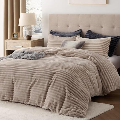 Bedsure Fluffy Duvet Cover Set - Ultra Soft Plush Shaggy Comforter Cover Queen Size, Warm Flannel Fleece Bed Sets for Winter, 3 Pieces (Striped Pattern, Khaki)