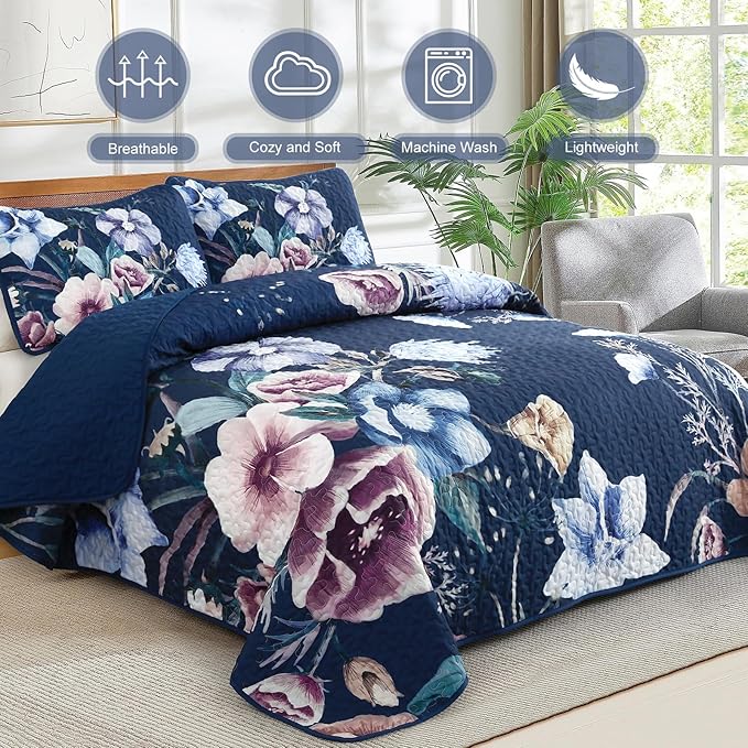 Drucon Blue Floral Quilt Set Queen Size 3 Pieces Blue Botanical Flower Quilt Coverlet Set Soft Microfiber Lightweight Quilted Bedspread for All Season 90"x96"