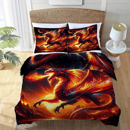 Dragon Bedding Set 3 Pieces Queen Size Flame Dragon Duvet Cover Comforter Cover Sets for Boys Girls Teens Women