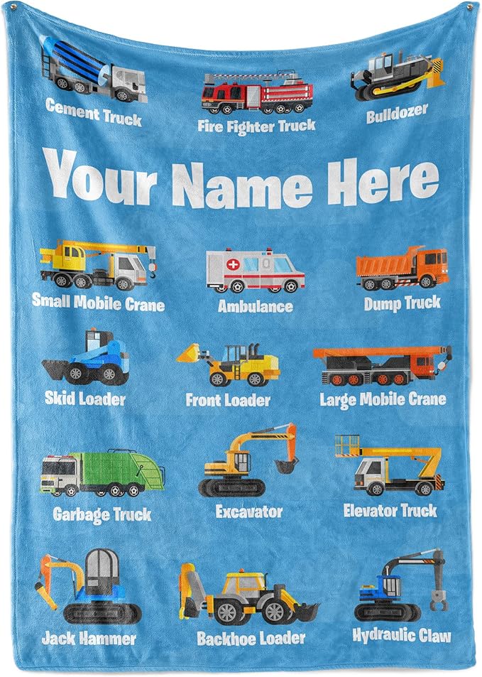 Personalized Truck Blanket - Made in USA and Shipped Next Day - Soft Fleece Construction Excavator Design for Kids & Adults, Toddler Bed & Sofa Throw (60x80, Fleece)