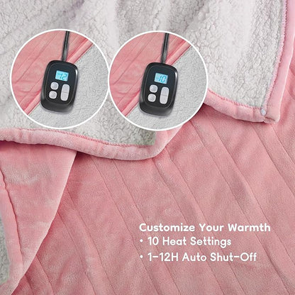 Electric Heated Blanket Queen Size - 84"x90", Soft Flannel Heating Blanket, 10 Heating Levels, 1-12 H Auto Shut Off, Dual Controllers, Breathable Warm and Washable for Bed, Light Pink