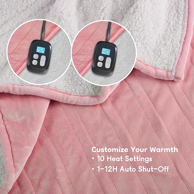 Electric Heated Blanket King Size - 90"x100", Soft Flannel Heating Blanket, 10 Heating Levels, 1-12 H Auto Shut Off, Breathable Warm and Washable for Bed, Light Pink