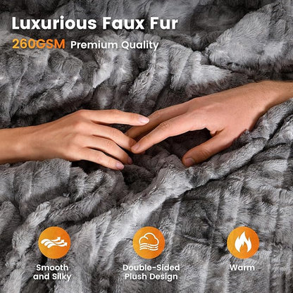 WOOMER Heated Blanket King Size 100" x 90", Electric Blanket with Dual Controllers, 0.5-12 Hours Timer & 10 Heating Levels, ETL Certified, Marble Gray Double-Sided Faux Fur, Machine Washable