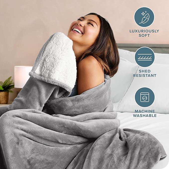 Bare Home Sherpa Fleece Blanket - Throw/Travel Size - Blanket for Bed, Sofa, and Couch - Warm & Lightweight - Fluffy & Soft - Reversible (Throw/Travel, Light Grey)