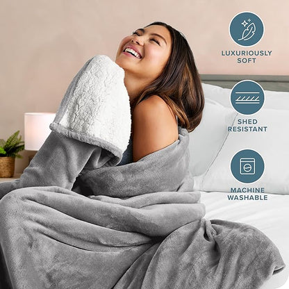 Bare Home Sherpa Fleece Blanket - Throw/Travel Size - Blanket for Bed, Sofa, and Couch - Warm & Lightweight - Fluffy & Soft - Reversible (Throw/Travel, Light Grey)