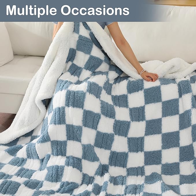 Electric Heated Blanket Full Size 72"×84" with 6 Heating Levels & 1-10Hs Auto Off, Checkered Plaid Heating Blanket Double Sided Sherpa, Fast Heating, Machine Washable for Christmas Gift Light Blue