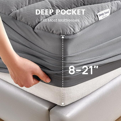 SLEEP ZONE Grey Waterproof Mattress Pad King Size, Premium Soft Embossed Mattress Topper, Quilted Fitted Mattress Protector Cover with Elastic Deep Pocket (Grey, King)
