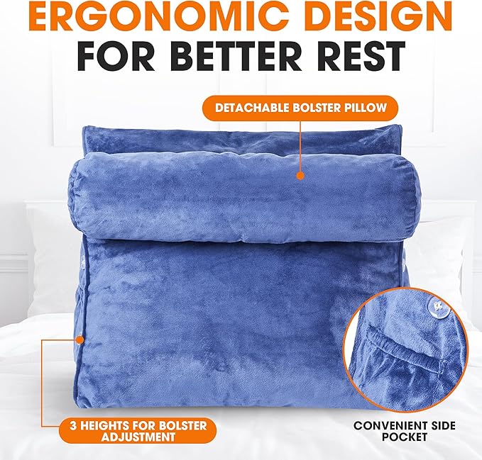 Cheer Collection Reading Wedge Pillow – TV Pillow with Adjustable Bolster Pillow, Memory Foam Back Support for Couch & Bed, Pillow Chair for Bed, Reading Pillows for Adults & Kids, XL, Navy Blue