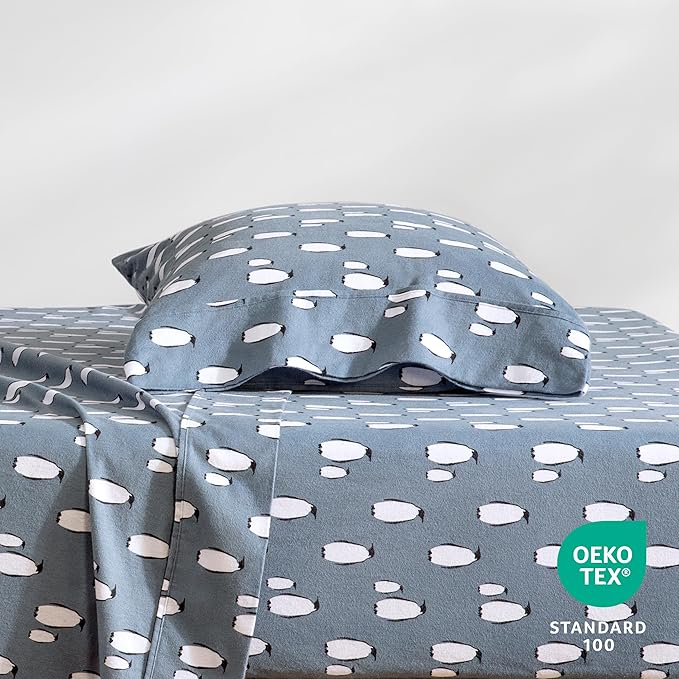 Bare Home Flannel Sheet Set Prints, 100% Cotton, Velvety Soft Heavyweight - Christmas Sheets - Double Brushed Flannel for Extra Softness & Comfort - Deep Pocket - Holiday Sheets (Twin XL, Penguin)