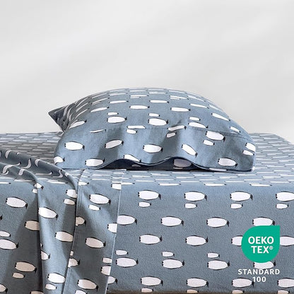 Bare Home Flannel Sheet Set Prints, 100% Cotton, Velvety Soft Heavyweight - Christmas Sheets - Double Brushed Flannel for Extra Softness & Comfort - Deep Pocket - Holiday Sheets (Twin XL, Penguin)