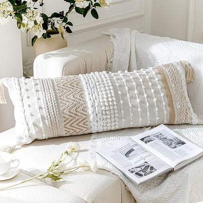 BlissBlush Cream Decorative Lumbar Throw Pillow Cover 14x36 Boho Long Cushion for Bed Neutral Beige White Accent Modern Farmhouse Pillowcase for Bedroom Living Room Couch Sofa Home Décor Cover ONLY