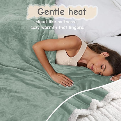 Electric Heated Blanket Queen Size 84"x90", Soft Flannel with Dual Controllers & Overheat Protection, 6 Adjustable Heat Settings & 10-Hour Auto-Off Timer, Fast Heating for Winter Comfort, Light Green
