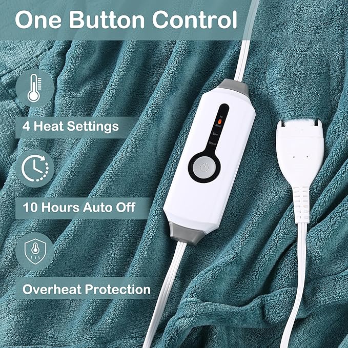 Electric Heated Blanket Twin Size 62"x84", Soft Fleece with 10 Hours Auto-Off & 4 Heating Levels, Overheating Protection, Machine Washable, Green Blue