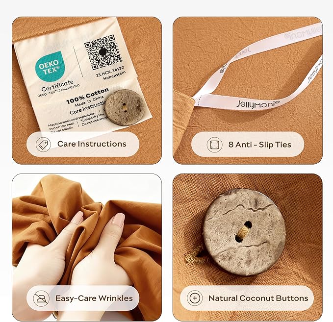 JELLYMONI 100% Washed Cotton Duvet Cover Full – Soft, Breathable Linen-Look Bedding with Natural Wrinkle Texture, Button Closure, 3-Piece Set (Amber Orange, 80"x90")