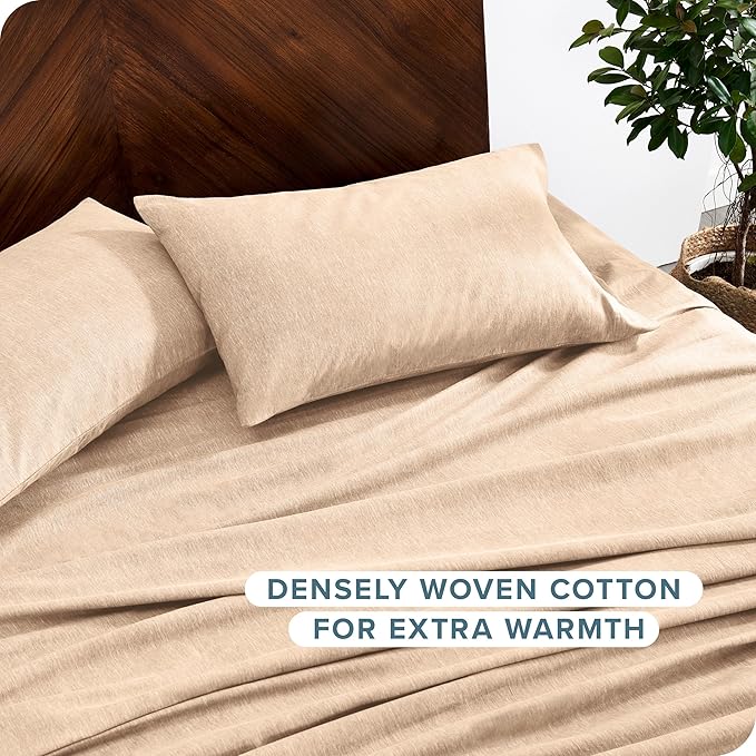 Bare Home Flannel Sheet Set Prints, 100% Cotton, Velvety Soft Heavyweight - Double Brushed Flannel for Extra Softness & Comfort - Deep Pocket - Bed Sheets (Queen, Heathered Oatmeal)