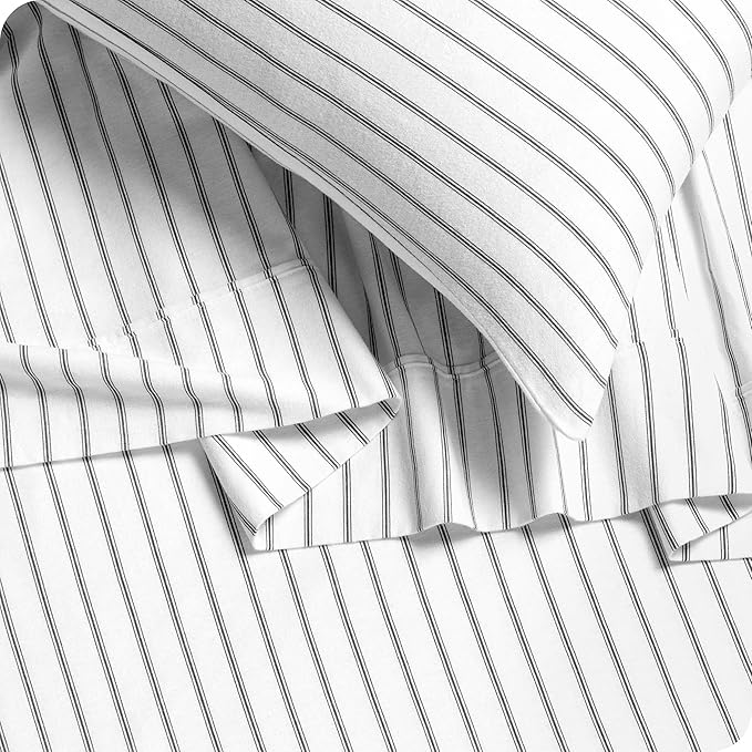 Bare Home Flannel Sheet Set Prints, 100% Cotton, Velvety Soft Heavyweight - Double Brushed Flannel for Extra Softness & Comfort - Deep Pocket - Bed Sheets (Twin XL, Ticking Stripe - White/Grey)
