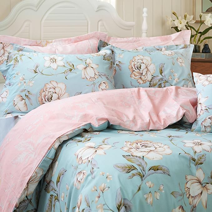 FADFAY Shabby Floral Duvet Cover Set Farmhouse Bedding Blue Cotton Summer Bedding with Hidden Zipper Closure 3 Pieces, 1duvet Cover & 2pillowcases (Twin Size, Simple Style)