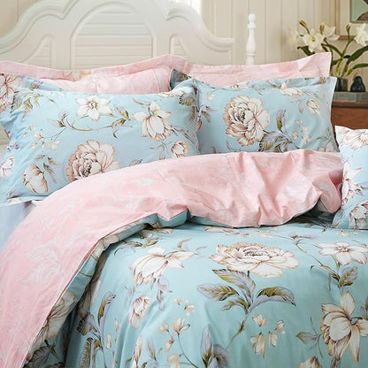 FADFAY Shabby Floral Duvet Cover Set Farmhouse Bedding Blue Cotton Summer Bedding with Hidden Zipper Closure 3 Pieces, 1duvet Cover & 2pillowcases (King/California King Size, Simple Style)