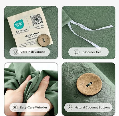 JELLYMONI 100% Washed Cotton Duvet Cover King – Soft, Breathable Linen-Look Bedding with Natural Wrinkle Texture, Button Closure, 3-Piece Set (Dusty Green, 104"x90")