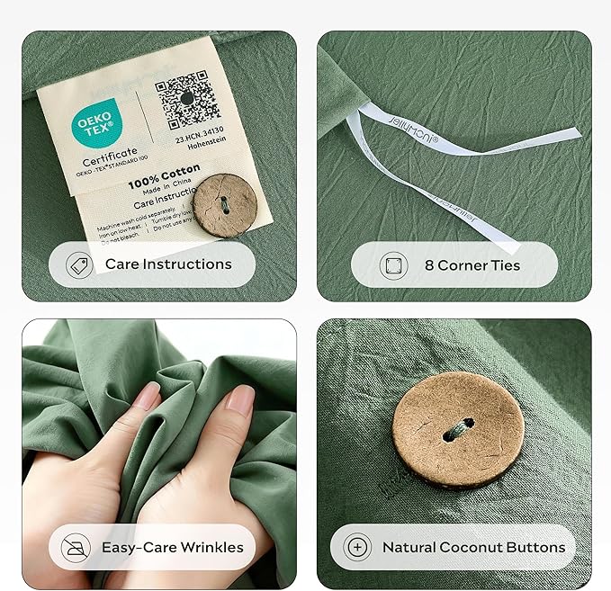 JELLYMONI 100% Washed Cotton Duvet Cover Full – Soft, Breathable Linen-Look Bedding with Natural Wrinkle Texture, Button Closure, 3-Piece Set (Dusty Green, 80"x90")