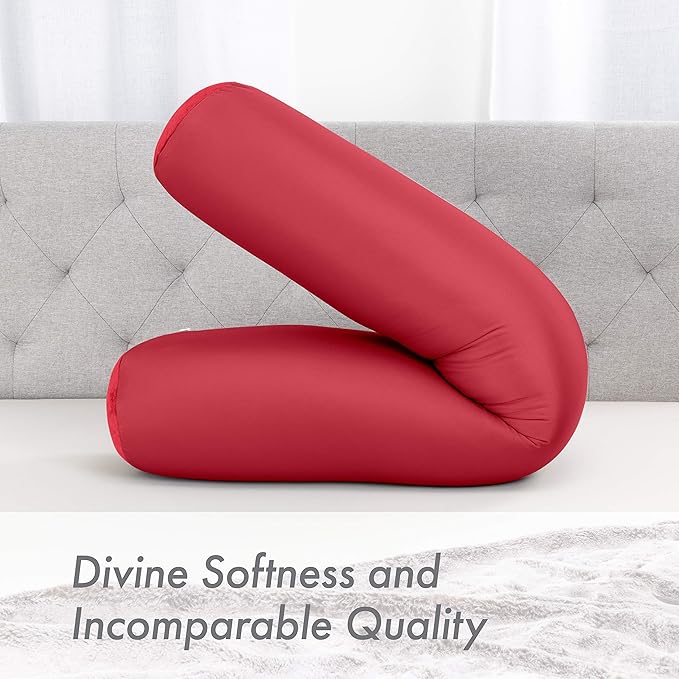 PILLOWY Straight Body Pillow, Full Size Premium Microbead,Side Sleeping/Maternity Pregnant Women, Supportive,Fluffy, Breathable, Cooling, 85/15 Spandex/Nylon Silky Feel Anti-Aging - 48 X 8 - Maroon