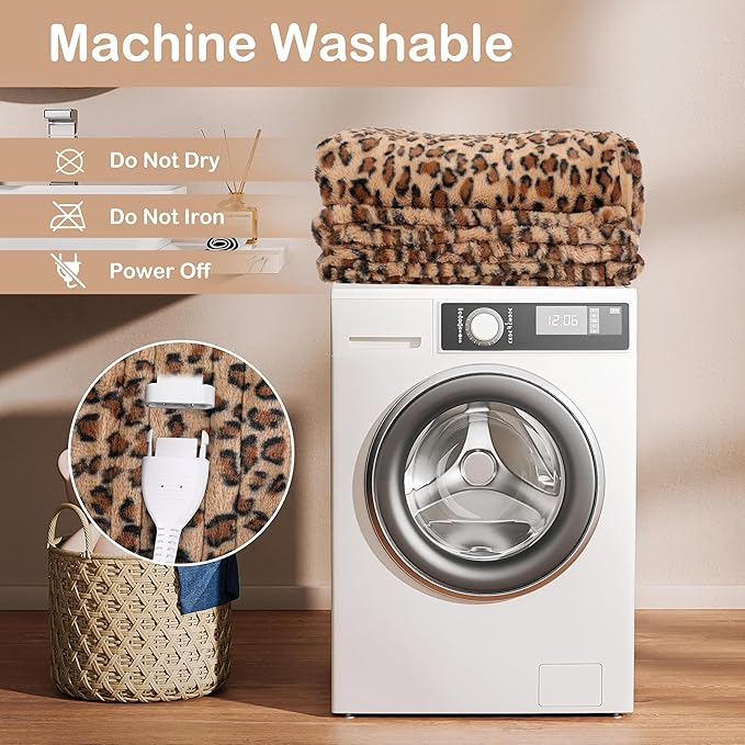 Electric Heated Blanket Full Size 72"x84", Cozy Large Oversized, 6 Heating Levels & 1-10 Hours Auto Off, Machine Washable, Brown Leopard Print