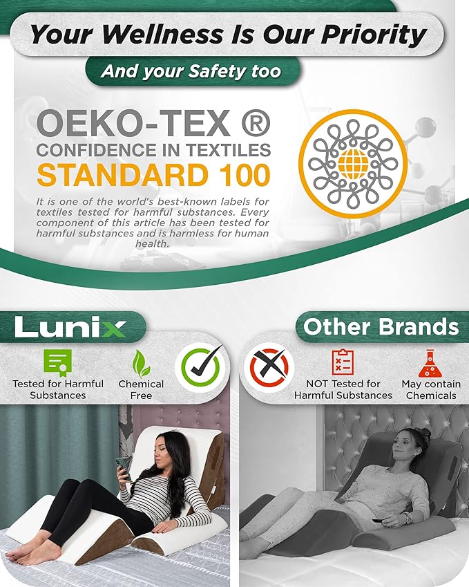 Lunix 4pcs Orthopedic Bed Wedge Pillow Set, Post Surgery Memory Foam for Back, Knee, Leg Pain Relief, Adjustable Sitting Pillow for Sleeping, Acid Reflux, GERD, with Hot Cold Pack, Brown
