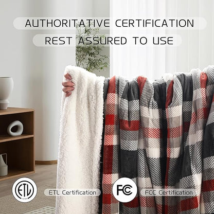 Electric Heated Blanket 72"x84" Full Size, Soft Flannel and Sherpa Double-Sided Material with 4 Heating Levels and 10 Hours Auto-Off, Machine Washable, Cozy Plush Fabric for Home, Black & Red Plaid