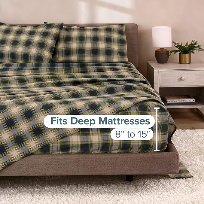 Bare Home Cotton Flannel Sheet Set Prints, Bed Linen Set, Double Brushed Flannel for Extra Softness & Comfort - Winter Bed Sheets (Queen, Voyageur Plaid - Green)