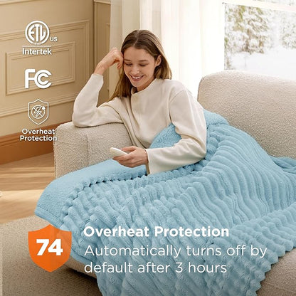 Bedsure Heated Blanket Electric Throw - Thick Striped Flannel Electric Blanket, Heating with 4 Time Settings, 6 Heat Settings, and 3-Hour Timer Auto Shut Off, Gift for Grandma (50"x60", Light Blue)