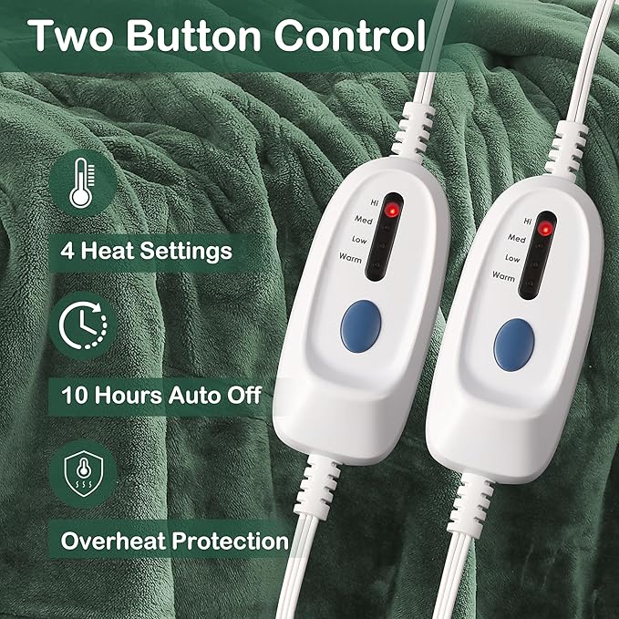 Electric Heated Blanket Queen Size 84"x90", Dual Control Fast Heating Cozy Heated Blanket for Bed, 10 Hours Auto Off & 4 Heating Levels, Warm Gift for Grandma-Sage Green