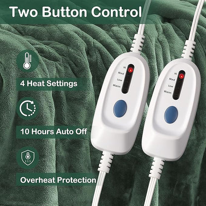 Electric Heated Blanket Queen Size 84"x90", Dual Control Fast Heating Cozy Heated Blanket for Bed, 10 Hours Auto Off & 4 Heating Levels, Warm Gift for Grandma-Sage Green