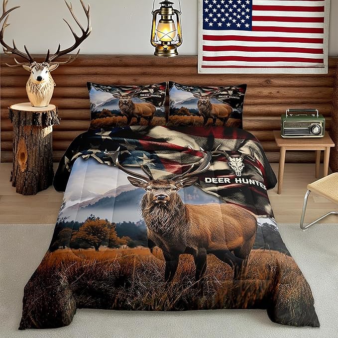 Deer Hunt Bedding Set Full Size American Flag Comforter Set 3pcs for Kids Boys Teens Men Bedroom Decor Skull Antlers Nature Animals Quilt Set Rustic Retro Duvet Insert,2 Pillowcases