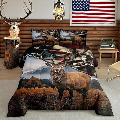 Deer Hunt Comforter Set King Size American Flag Bedding Set 3pcs for Kids Boys Teens Men Bedroom Decor Skull Antlers Nature Animals Quilt Set Rustic Retro Duvet Insert,2 Pillowcases