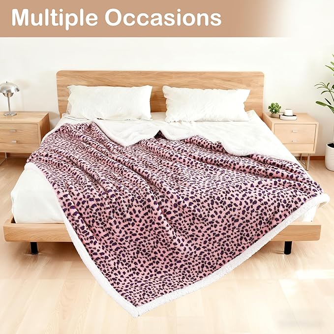 Electric Heated Blanket Full Size 72"×84" with 6 Heating Levels &10Hs Auto Off, Heating Double Sided Plush Sherpa, Fast Heating, Machine Washable Leopard Print Pink & Purple
