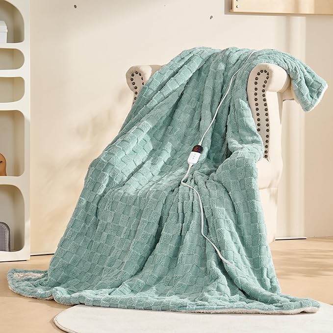 Electric Blanket Throw - Soft Checked Flannel with 6 Heating Levels, 4 Hours Auto-Off, Fast Heating, ETL & FCC Certified, Overheating Protection, Cozy Heated Blanket Throw (Green, 50"X60")