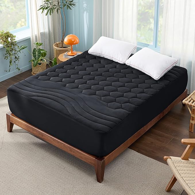 Bedsure Black King Mattress Pad - Quilted Fitted Mattress Topper Protector with 8-21 Inches Deep Pocket, Noiseless Breathable Bed Cover Padded, Machine Washable, Black,78x80 Inches