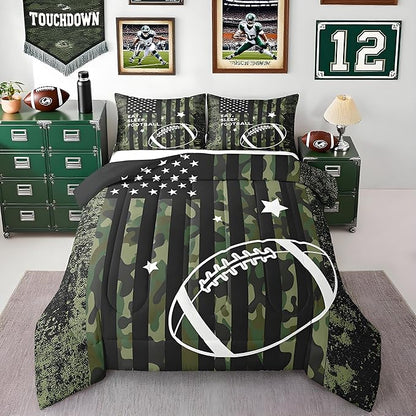 Feelyou King Football Bedding Set for Kids Toddler Camo American Flag Comforter Set for Boys Girls Rugby Sports Comforter Teens Soccer Duvet Set Microfiber Bed Set