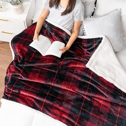 Pavilia Red Plaid Sherpa Throw for Twin, Plush Flannel Fleece Blanket and Throws, Soft Fuzzy Cabin Blanket for Sofa Bed, Warm Cozy Winter Gift, 60x80