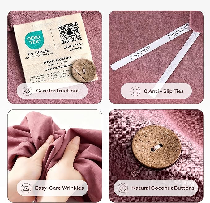JELLYMONI 100% Washed Cotton Duvet Cover Queen – Soft, Breathable Linen-Look Bedding with Natural Wrinkle Texture, Button Closure, 3-Piece Set (Deep Rose, 90"x90")