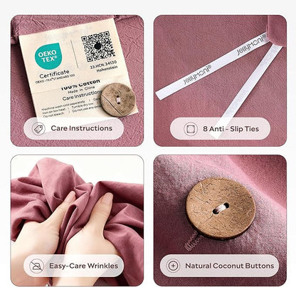 JELLYMONI 100% Washed Cotton Duvet Cover Queen – Soft, Breathable Linen-Look Bedding with Natural Wrinkle Texture, Button Closure, 3-Piece Set (Deep Rose, 90"x90")