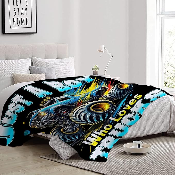 Truck Throw Blanket, Just A Boy Who Loves Trucks Flannel Blankets, Soft Cozy Lightweight Throws Gifts for Truck Lovers & Boys 40 x 30 Inch for Baby