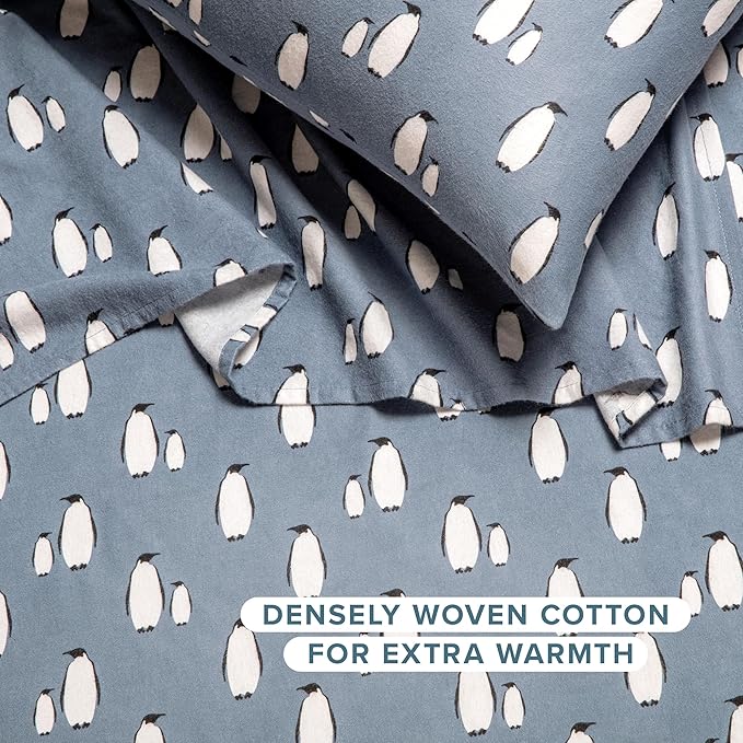 Bare Home Flannel Sheet Set Prints, 100% Cotton, Velvety Soft Heavyweight - Christmas Sheets - Double Brushed Flannel for Extra Softness & Comfort - Deep Pocket - Holiday Sheets (Twin XL, Penguin)