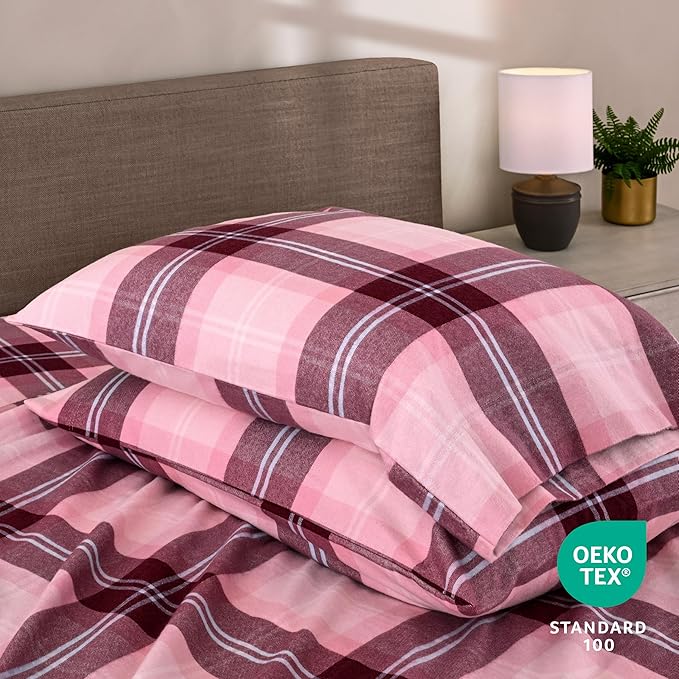 Bare Home Flannel Sheet Set Prints, 100% Cotton, Velvety Soft Heavyweight - Double Brushed Flannel for Extra Softness & Comfort - Deep Pocket - Bed Sheets (Cal King, Symphony Plaid - Pink)
