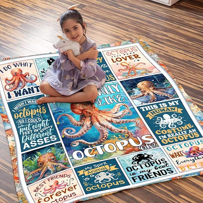 Octopus Blanket Ocean Animal I Just Really Like Octopus Throw Blanket Gifts for Kids Adults Soft Flannel Blanket for Sofa Couch Bed Warm Cozy Home Decor for All Seasons,40"x50"for Kids/Baby