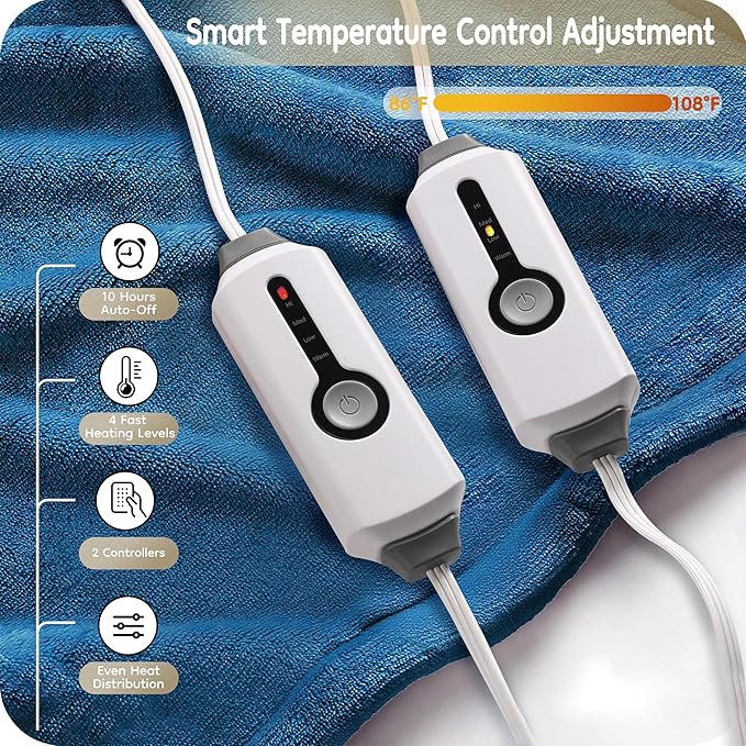 Electric Heated Blanket King Size 90×100, Comfortable & Luxurious Flannel, 4 Heating Levels & 10 H Auto Shut Off, Lake Blue
