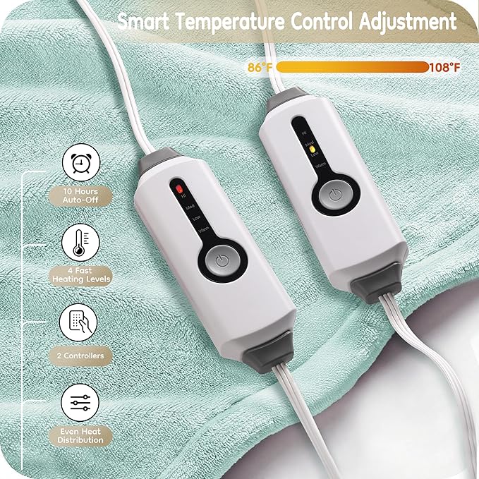 Electric Heated Blanket King Size 90×100, Comfortable & Luxurious Flannel, 4 Heating Levels & 10 H Auto Shut Off, Mint Green